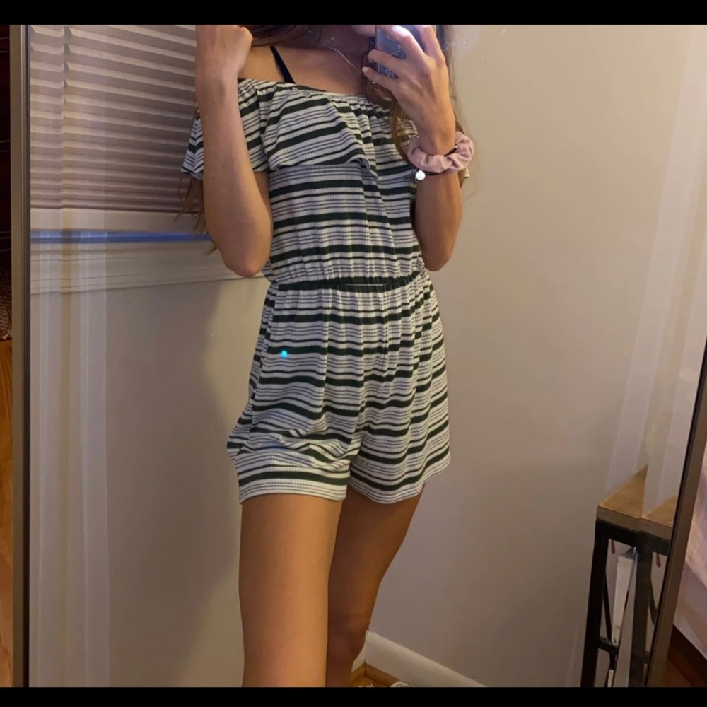 Green and White striped romper